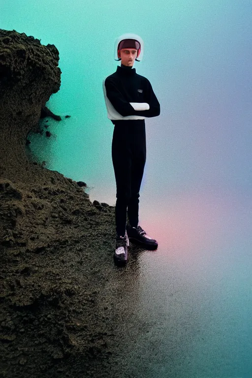 Image similar to high quality pastel coloured film mid angle portrait photograph of a beautiful young 2 0 year old male, soft features, short hair, perspex space visor and oversized inflated clothing!!!! icelandic black! rock pool environment. atmospheric three point light. photographic. art directed. ( pastel colours ). volumetric. clearcoat. waves. 8 k. filmic.