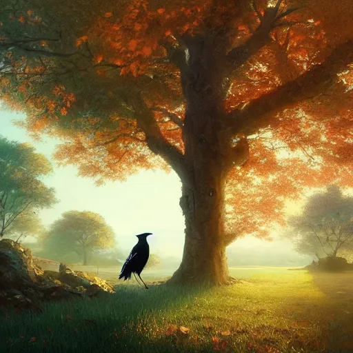 Image similar to magpie bird, urraca in avila, green fields, fall season, 4 k, concept art, by wlop, ilya kuvshinov, artgerm, krenz cushart, greg rutkowski, pixiv. cinematic dramatic atmosphere, sharp focus, volumetric lighting, cinematic lighting, studio quality