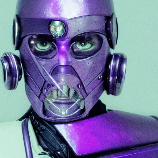 Image similar to a portrait photo of a futuristic sci - fi pirate, purple themed, robot pirate