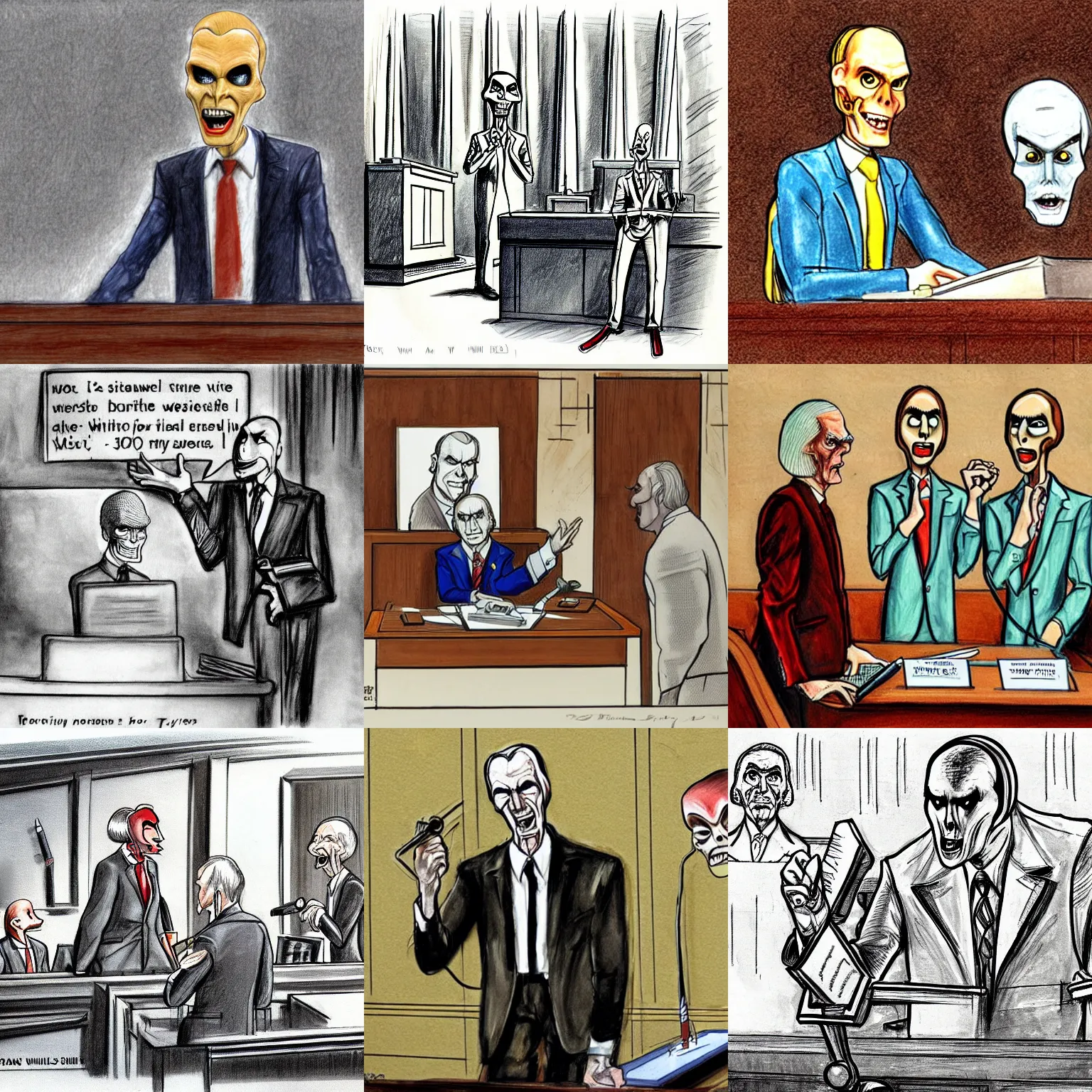 Prompt: courtroom sketch of mars attacks alien testifying against slim whitman, by wilbert awdry, by reginald payne, witness stand, jury, pointing, gavel, judge, drawing