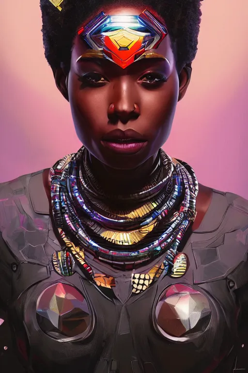 Image similar to portrait of the African Android Queen, by DC comics and Sandra Chevrier and beeple, artstation, volumetric lighting, hyperrealism, 4k UHD