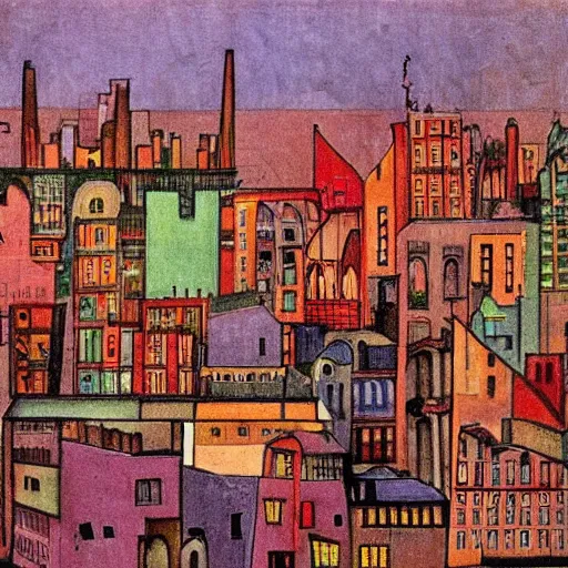 Image similar to by dora carrington defined. photograph. a cityscape. the different colors & shapes represent different parts of the city.