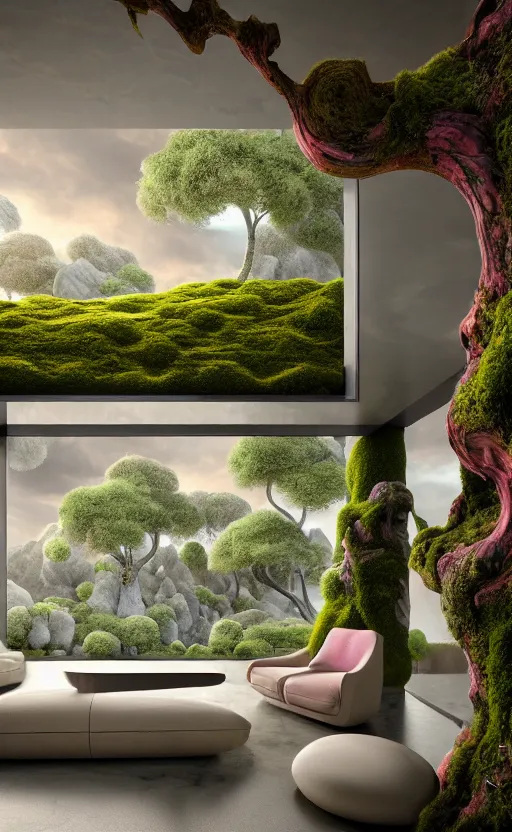 Image similar to highly detailed villa natural beautiful light interior soft cinematic composition of a smooth ceramic porcelain biomorphic magnolia stone nebula fluid sci - fi surreal colorful architecture landscape, furniture, granite, trees, marble, moss, lichen, fungi, vincent callebaut composition, mamou - mani, archviz, 8 k, unreal engine, hdr