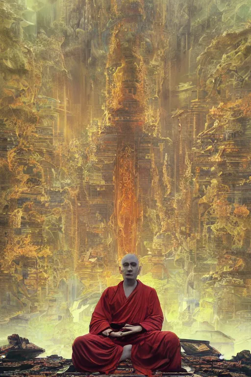 Image similar to a epic sakyamuni, the founder of buddhism in cyberpunk style temple, struggling in a ruined city full of organic fractal mycelum and fung, super complex and instruct, epic stunning atmosphere, hi - tech synthetic rna bioweapon nanotech, art by anthony macbain + greg rutkowski + alphonse mucha, concept art, 4 k, sharp focus