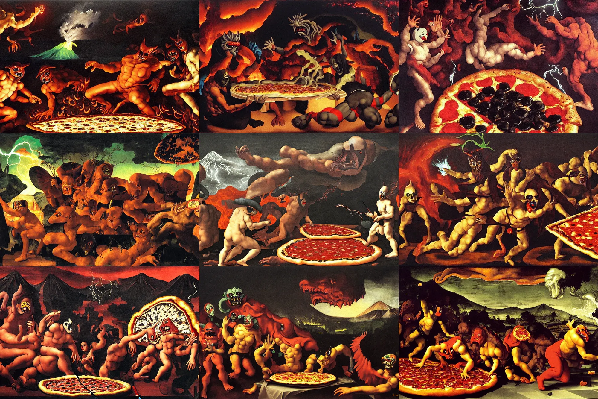 Prompt: masked demons grabbing a large pizza!!!, in the background is a volcano spewing lava and black smoke, streams of glowing hot lava, flashes of lightning in the distance. wide angle, long shot, an ultrafine detailed painting by michelangelo merisi da caravaggio, deviantart, pop surrealism