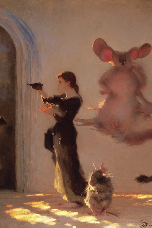 Image similar to Magnificent Painting by Ilya Repin, Monet, and Craig Mullins of a mousy girl and a girly mouse having a heated debate