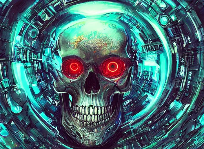 Image similar to a futuristic skull with glowing eyes and a wormhole tunnel cyberpunk art by android jones, featured on artstation, darksynth, synthwave