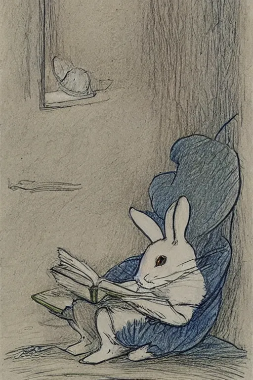 Prompt: drawing of white rabbit reading a book,Beatrix Potter, turquoise