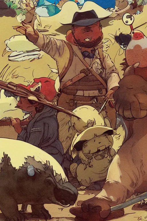 Prompt: full page illustration, a proud hunter wearing a pith hat has poached a snorlax pokemon, jean giraud, Katsuhiro Otomo, Geof Darrow, Phil hale, Ashley wood, Ilya repin, frank frazetta8k, hd, high resolution