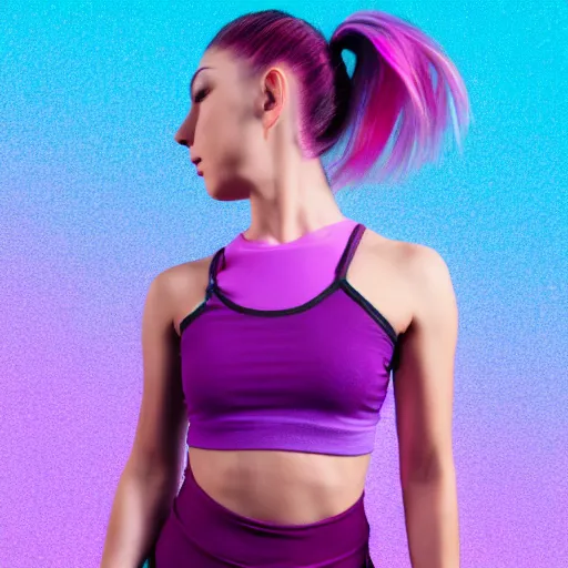 Image similar to a award winning half body shot of a beautiful woman in a croptop and leggings with a ombre purple pink teal hairstyle with head in motion and hair flying, outrun, vaporware, highly detailed, fine detail, intricate