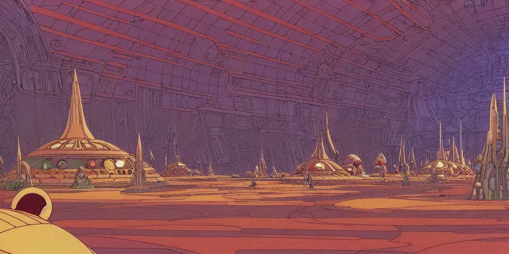 Image similar to cel shaded cinematic shot of the interior of a sci-fi space station with ornate Elven architecture bustling with various intelligent alien species, epic castle, emerald, crystalline, detailed illustration, sharp focus, crisp lines, art by Moebius, Jean Giraud Moebius comic illustration