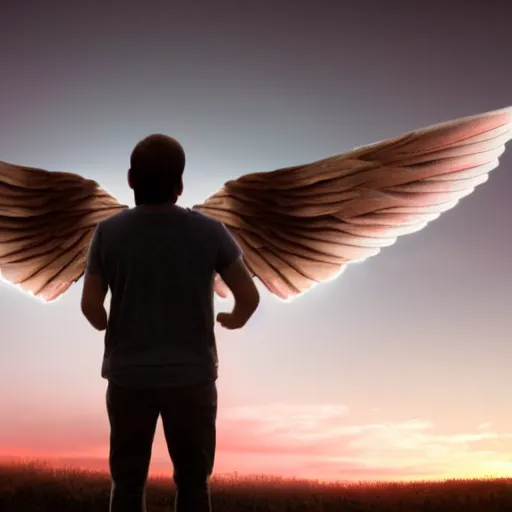 Image similar to people looking to an angel appearing in the sky, 8 k
