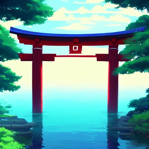 Image similar to torii gate in middle of a lake, digital art, rich vivid colors, ambient lighting, dynamic lighting, 4 k, official media, anime key visual, makoto shinkai, ilya kuvshinov, lois van baarle, rossdraws, detailed, trending on artstation