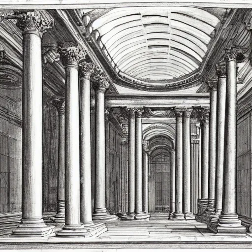Prompt: a drawing of a building with columns and arches, a flemish baroque by giovanni battista piranesi, behance, baroque, flemish baroque, fresco, hall of mirrors