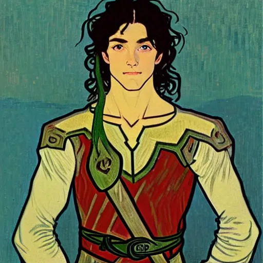 Prompt: portrait painting of young handsome beautiful paladin elf!! man with long! wavy dark hair and blue eyes in his 2 0 s named taehyung minjun james fighting a group of goblins, pale, wearing armor!, modest, elegant, cute, delicate, soft facial features, art by alphonse mucha, vincent van gogh, egon schiele,