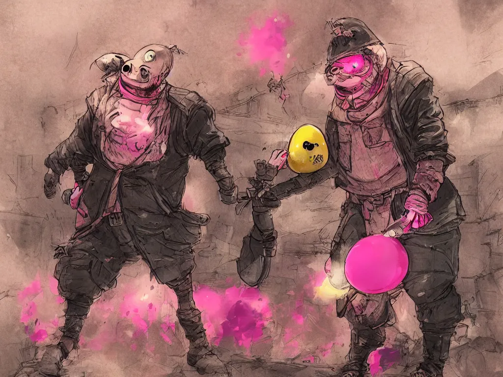 Prompt: Humpty Dumpty as a chicken egg, fighting with a pink rubber monkey in a cyberpunk, post apocalyptic Tokyo, D&D, fantasy, highly detailed, digital painting, artstation, concept art, smooth, sharp focus, illustration, art by Bill Sienkiewicz