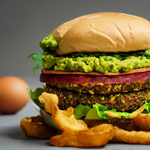 Prompt: vegan hamburger with guacamole and crispy fried onion and fried egg toppings, crispy buns, 8 k resolution, studio lighting, sharp focus, hyper - detailed