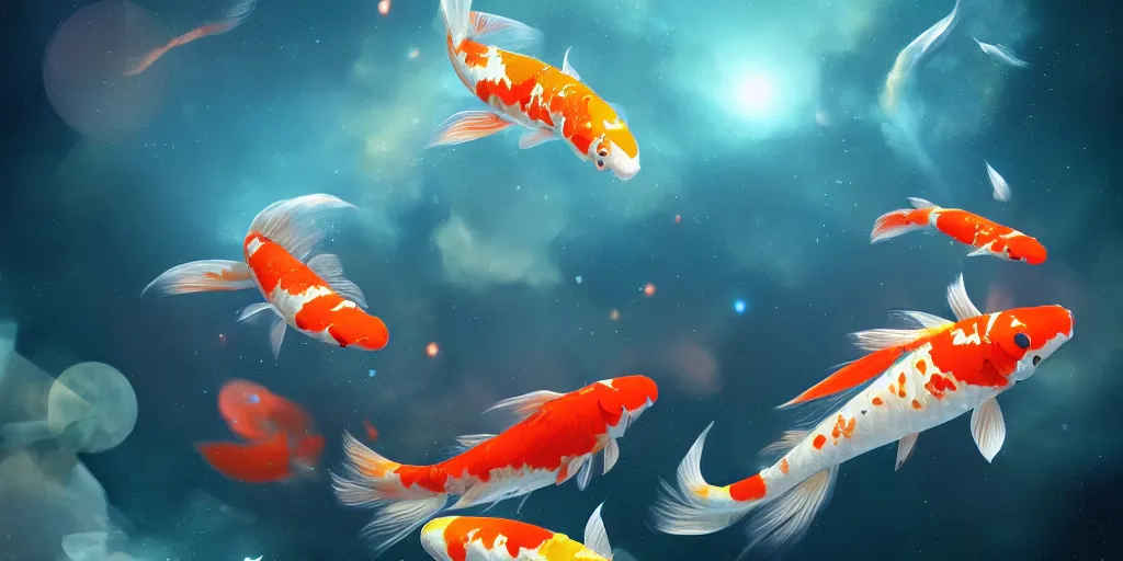 Image similar to koi fish floating in space, realistic detailed digital art by maxwell boas, jessica rossier, christian dimitrov, anton fadeev, trending on artstation, cgsociety, rendered in unreal engine, soft colors, 4 k, hq