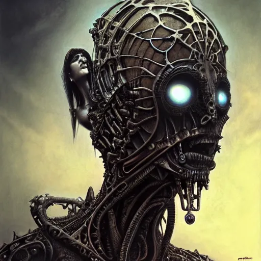 Image similar to a portrait of a beautiful biomechanical queen of the damned, sci-fi concept art by giger and beksinski and szukalski and wlop and pete mohrbacher, digital art, highly detailed, intricate, horror, sharp focus, Trending on Artstation HQ, deviantart, unreal engine 5, 4K UHD image