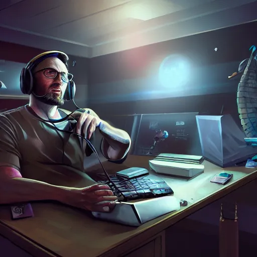 Image similar to realistic man using laptop in gaming room, artstation trends, sci fi concept art, highly detailed, intricate, sharp focus, digital art, 8 k