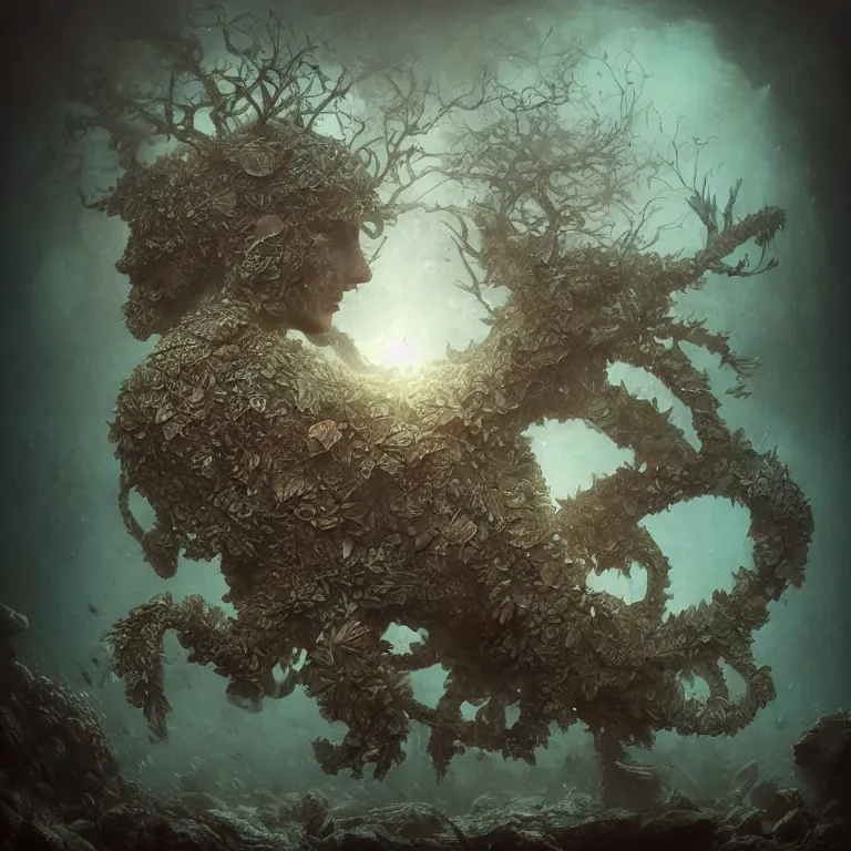 Image similar to powdery underwater old tintype photo, realistic armoured tree made of leaves, dramatic light, dystopian environment, intricate, elegant, highly detailed, centered headdress, artstation, sharp focus, artgerm, tomasz alen kopera, peter mohrbacher, donato giancola, boris vallejo, frank frazetta