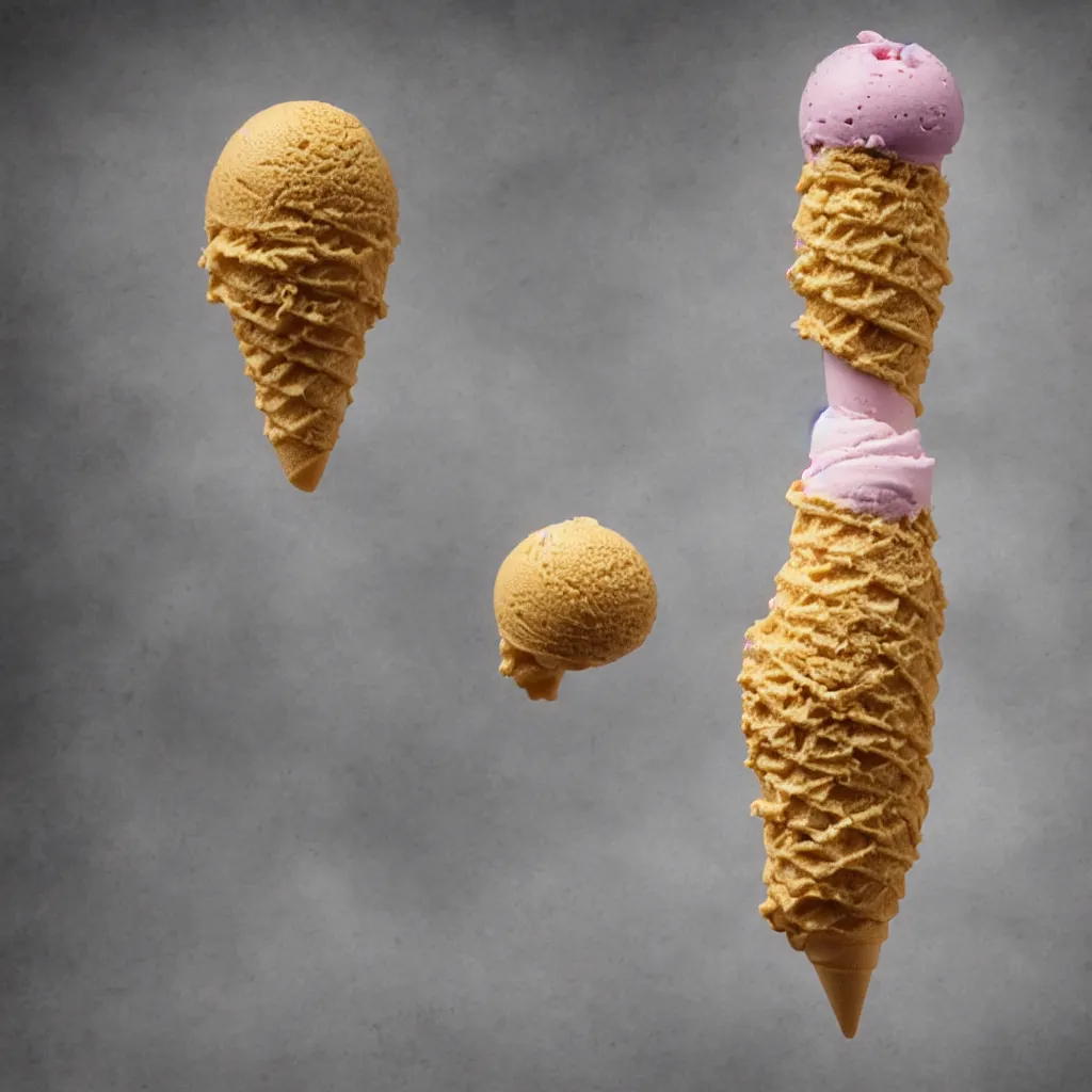 Prompt: color photograph of one unsexy, flabby, grotesque, levitating ice cream cone