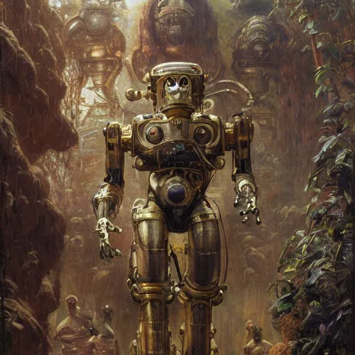 Image similar to highly detailed painting of a robotic humanoid gorilla mecha, painting by gaston bussiere, craig mullins, j. c. leyendecker, lights, art by ernst haeckel, john william godward, hammershøi, alex grey, dmt, symmetric, masterpiece details, hyper - detailed, hd, hdr, 4 k, 8 k