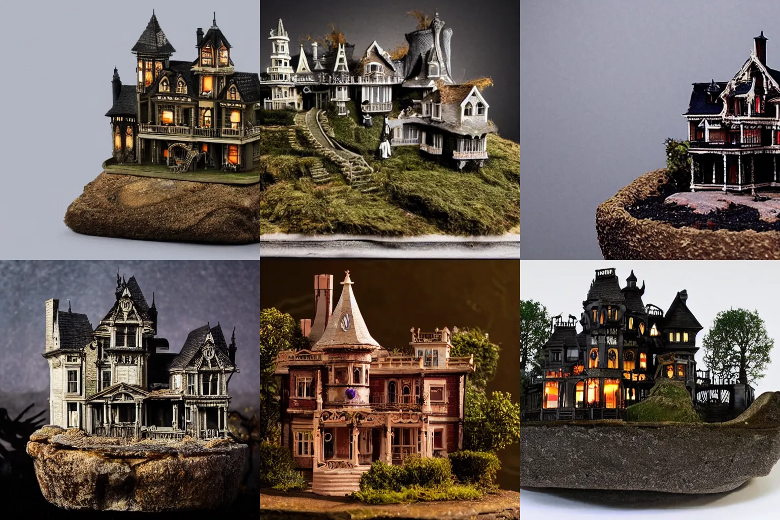 Prompt: a miniature diorama of a haunted victorian mansion on a cliffside overlooking a beach, dark background, halloween