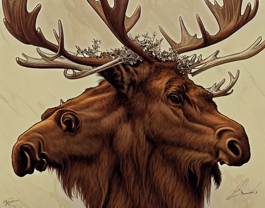 Image similar to a beautiful and very detailed painting of great ethereal moose with silver antlers by artgerm and greg rutkowski and alphonse mucha, 8 k