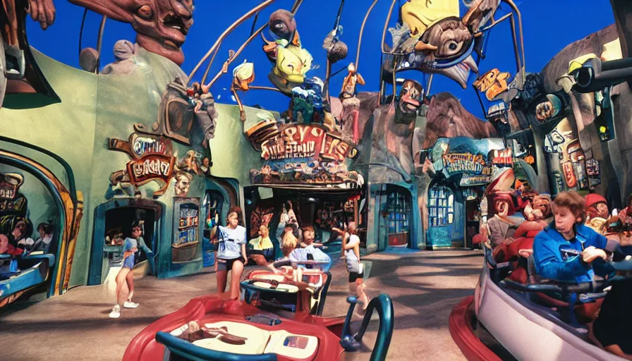 Prompt: 1990s photo of inside the Hey Arnold Ride at Universal Studios in Orlando, Florida, riding through Arnold's neighborhood , cinematic, UHD