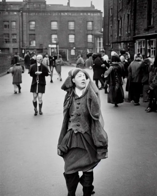 Image similar to Award winning reportage photo of Welsh Natives wearing traditional garb by Garry Winogrand and Dian Arbus, 85mm ND 5, perfect lighting, gelatin silver process