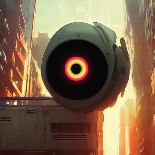 Prompt: giant robotic eye staring menacingly!!, cyberpunk city, by makoto shinkai, greg rutkowski, artstation, high detailed, cgsociety