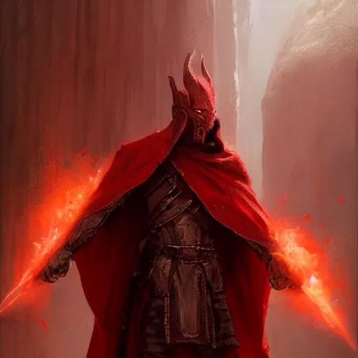 Prompt: a portrait of a red dragonborn monk in a white cloak, holding a spear with a black tip, fantasy art by greg rutkowski