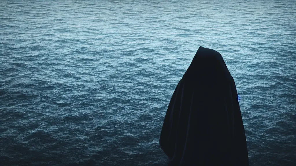 Prompt: dark mysterious hooded figure hovering above a dark ocean, 8K, concept art, cinematic, blue, black, gray, filmic, HDR, hyperrealism, volumetric lighting