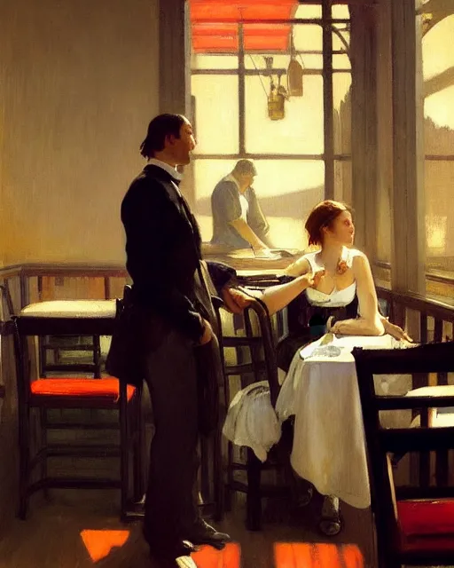 Image similar to a guy and a girl on a date in a restaurant, art by greg rutkowski, gustave courbet, rosa bonheur, edward hopper. faithfully depicted facial expression, perfect anatomy, sharp focus, global illumination, radiant light, detailed and intricate environment, trending on artstation