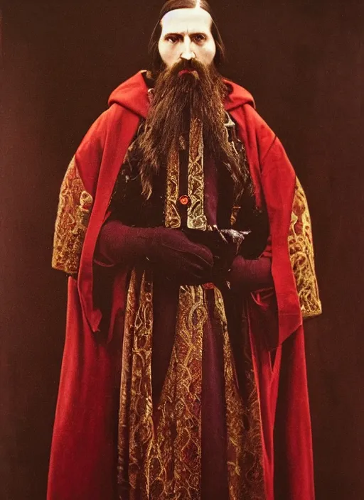 Prompt: full body portrait of a 30 year old RASPUTIN in a STOIC POSE, wearing a highly detailed deep purple and crimson robe with cloak with gold filgree. Sword on Rasputin's back. Cinematic dynamic lighting with backlight. ACTION POSE. portrait by Annie Leibovitz