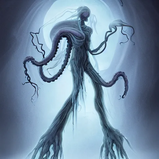 Prompt: concept designs for an ethereal ghostly wraith like figure with a squid like parasite latched onto its head and long tentacle arms that flow lazily but gracefully at its sides like a cloak while it floats around a frozen rocky tundra in the snow searching for lost souls and that hides amongst the shadows in the trees, this character has hydrokinesis and electrokinesis for the resident evil village video game franchise with inspiration from the franchise Bloodborne as a muppet from sesame street, photo realistic, photography, sesame street, bloodborne, resident evil