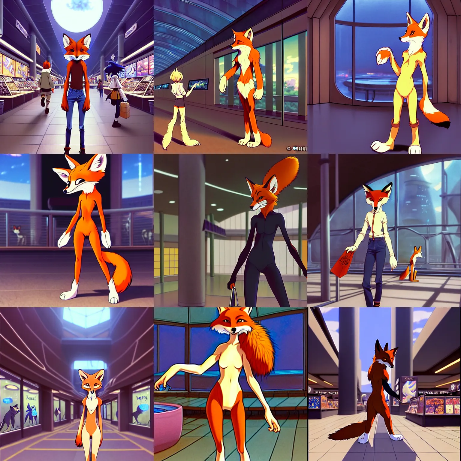 Image similar to anthro art commission of an anthropomorphic natural furry ( ( ( fox ) ) ) person shopping at a futuristic mall, photorealistic, detailed key anime art, makoto shinkai, james gurney, don bluth!!, disney!!, hibbary!!, dark natasha, goldenwolf, furaffinity, fursona, greg rutkowski