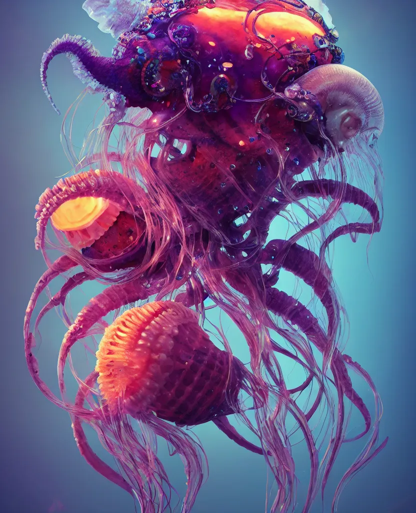 Image similar to goddess close-up portrait ram skull. jellyfish phoenix head, nautilus, orchid, skull, betta fish, bioluminiscent creatures, intricate artwork by Tooth Wu and wlop and beeple. octane render, trending on artstation, greg rutkowski very coherent symmetrical artwork. cinematic, hyper realism, high detail, octane render, 8k