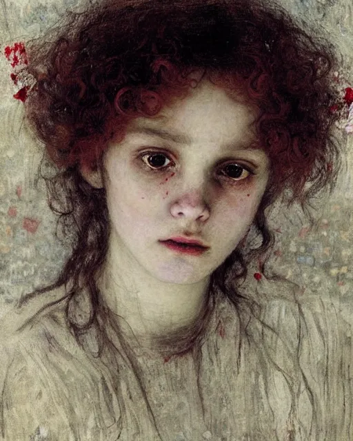 Prompt: a beautiful but sinister girl in layers of fear, with haunted eyes and curly hair, 1 9 7 0 s, seventies, woodland, delicate embellishments, a little blood, crimson, painterly, offset printing technique, by jules bastien - lepage
