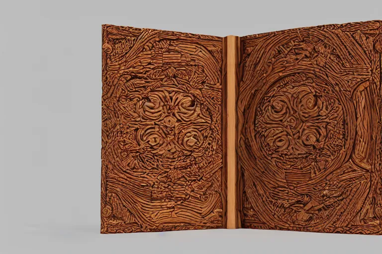 Image similar to a book carved out of wood, wooden book, 3d render, octane render, CGSociety, CGI, 3d model, studio lighting, 8k, wood carving