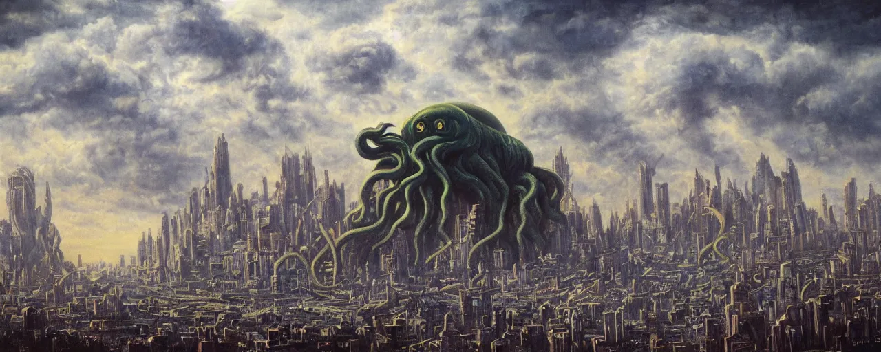 Image similar to Cthulhu rising in the sky above city, Christensen James C