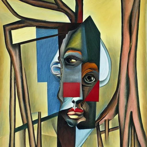 Image similar to a painting of a man's face with a tree growing out of it, a cubist painting by francis bacon, behance contest winner, deconstructivism, dystopian art, cubism, oil on canvas