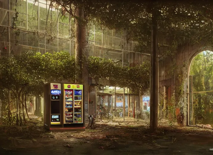 Prompt: vending machine in an abandoned shopping mall, big trees, overgrown by flower, vines, at night, rays of moonlight, full moon, hyperrealistic, highly detailed, oil painting, intricate, cgsociety, artstation, 8 k, cinematic, soft lighting, by greg rutkowski, by wlop, by artgerm