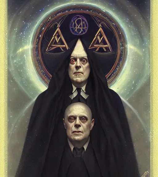 Image similar to A Magical Portrait of Aleister Crowley and the Great Mage of Thelema, art by Tom Bagshaw and Manuel Sanjulian and Franz Xaver Kosler