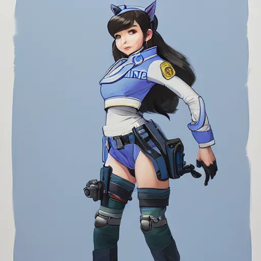 Image similar to D.VA from Overwatch wearing a police uniform by Kim Jung Gi, holding handcuffs in one hand Blizzard Concept Art Studio Ghibli. oil paint. 4k. by brom.