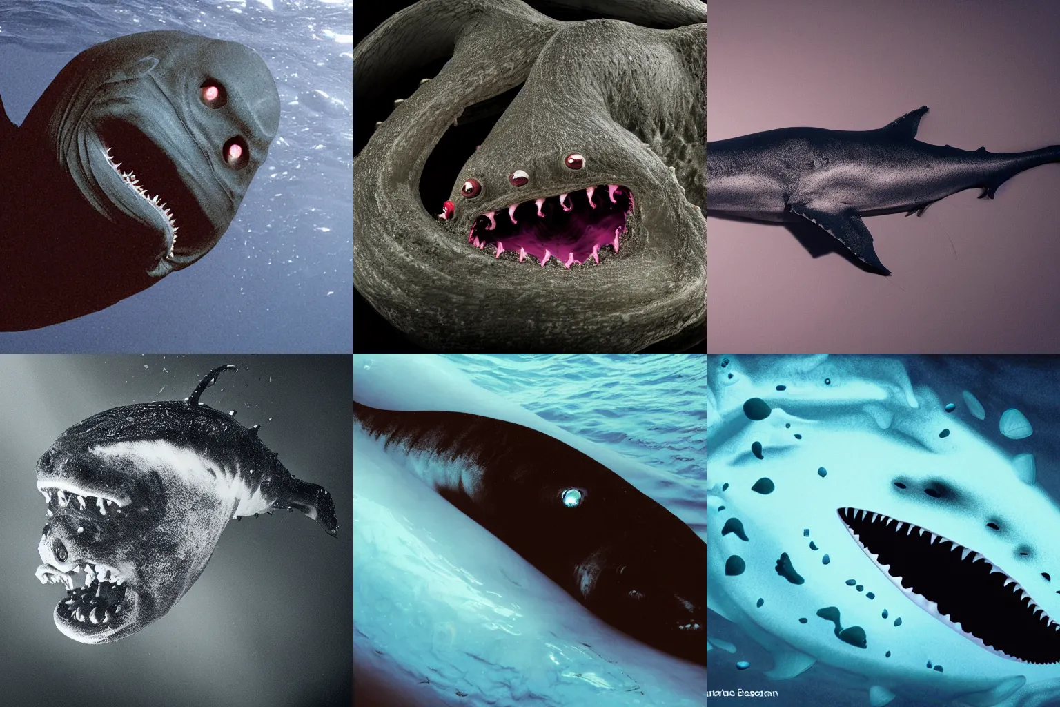 Prompt: scary and herbivorous deepsea blob shark, National Geographic, 8k, black background