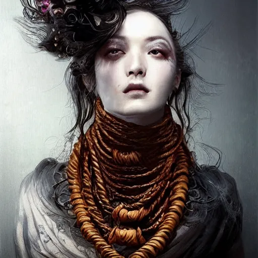 Prompt: portrait of a Shibari rope wrapped face and neck, headshot, insanely nice professional hair style, dramatic hair color, digital painting, of a old 18th century, traveler, amber jewels, baroque, ornate clothing, scifi, realistic, hyperdetailed, chiaroscuro, concept art, art by Franz Hals and Jon Foster and Ayami Kojima and Amano and Karol Bak,