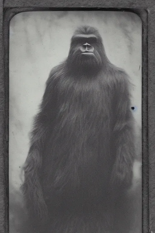 Image similar to a tintype photograph of bigfoot