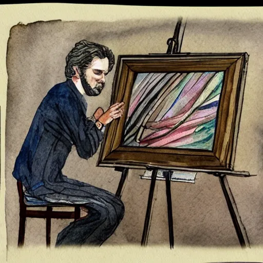 Prompt: the artist waits for recognition, by the classical masters, watercolor, pen illustration, isometric illustration,